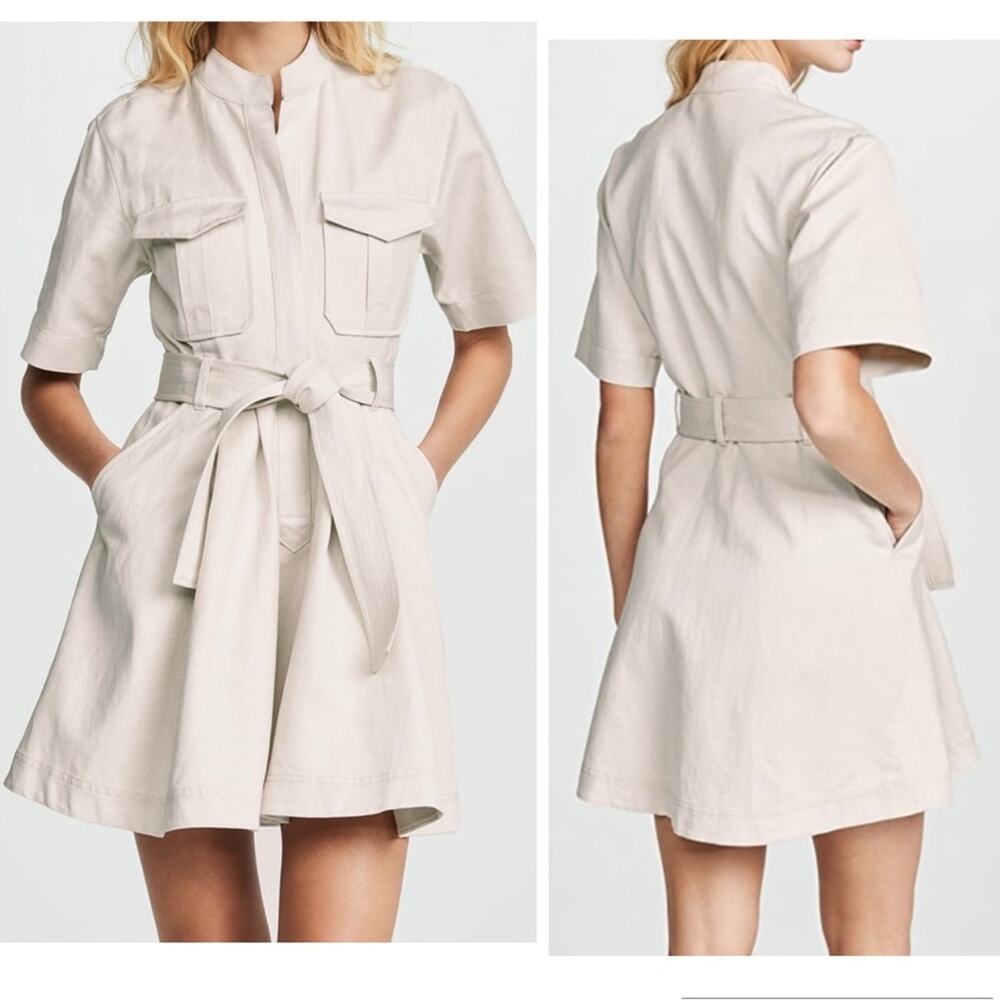 A.L.C. Bryn Dress Belted A-Line Shirt Dress Cotton Linen Utility Ecru Size 2